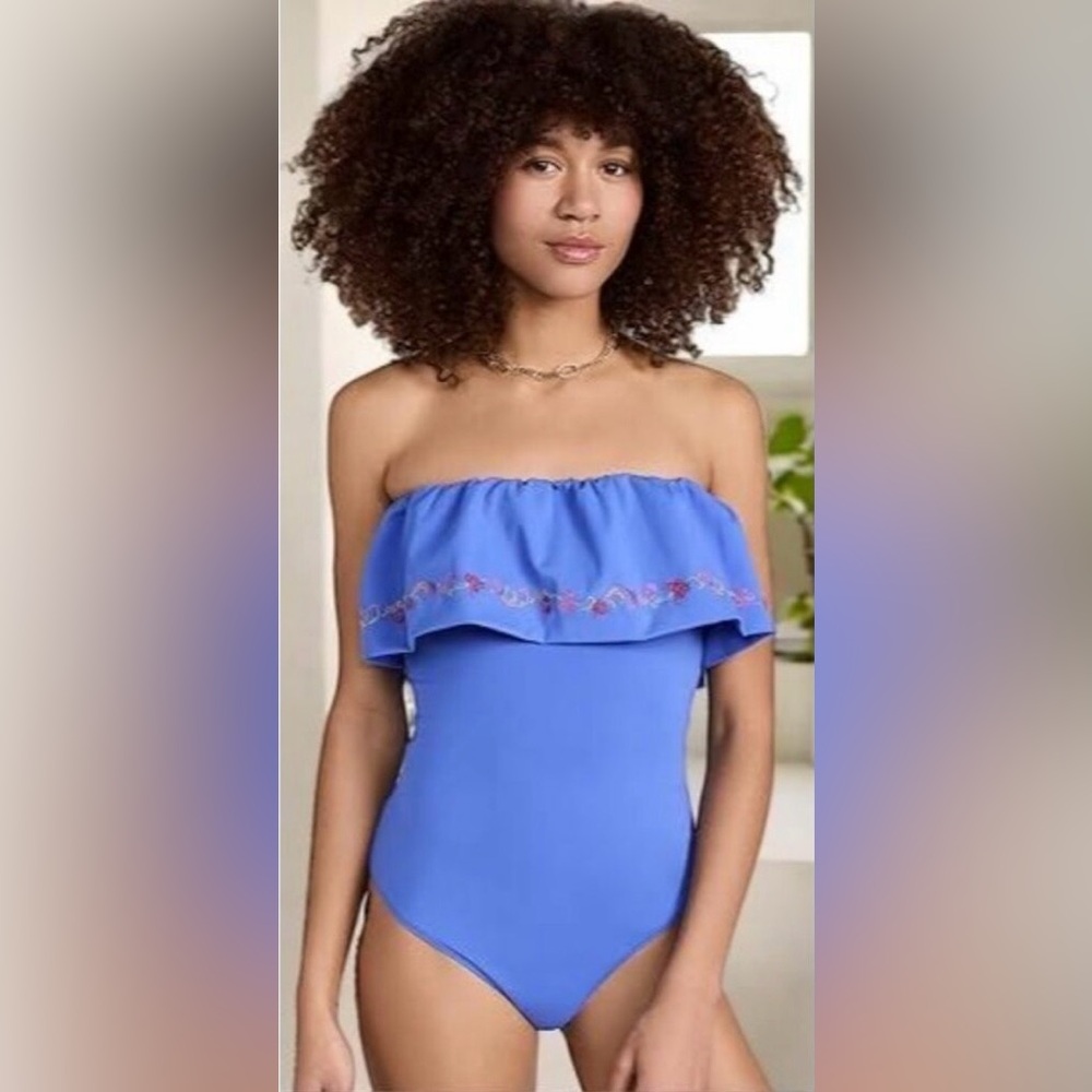 CAROLINE CONSTAS Marisol One Piece Swimsuit Blue Multi Embroidered Off‎ Shoulder